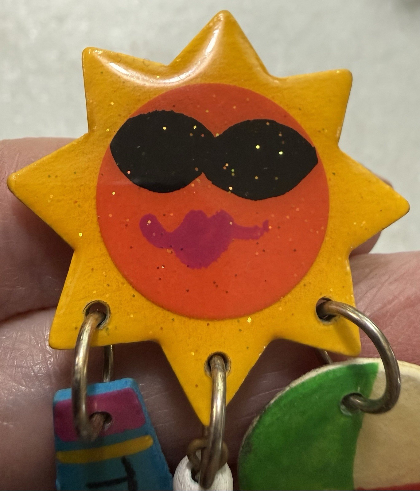 HUGE 1980s Wearable Folk Art Signed Mari SUN BEACH FUN Mixed Media Clip Earrings