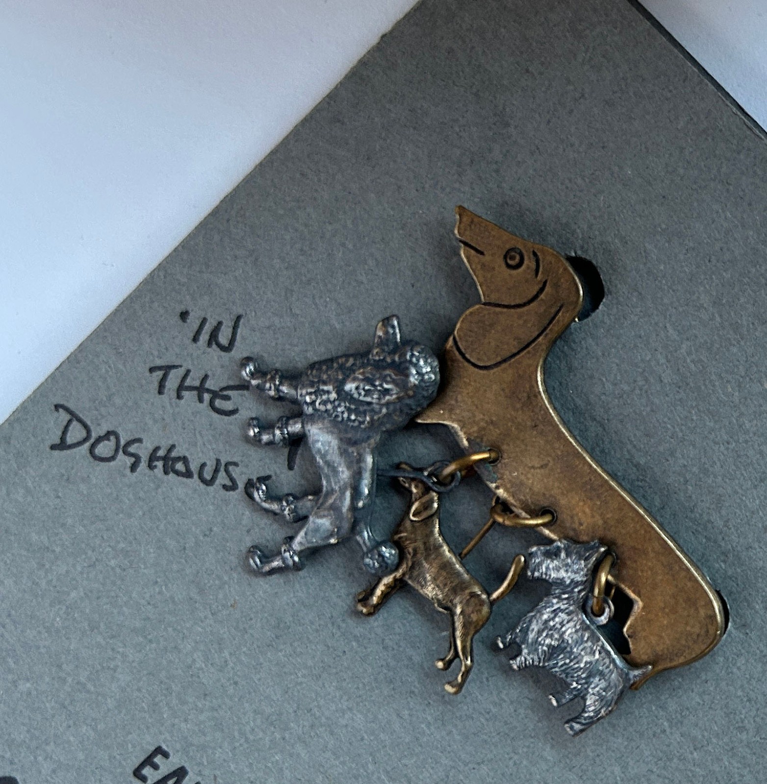 Artisan Dachshund Dog Pin/Brooch w/ 3 Dangling Dog Charms DOGS