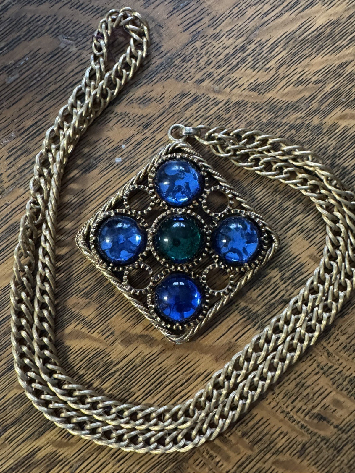 Vintage Florenza Maltese Style Cross Pendant Necklace Blue Green