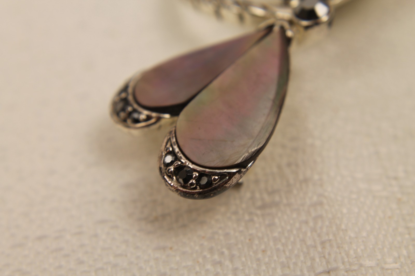 Vintage Black Mother of Pearl Dragonfly Pin Brooch Silver Tone Shell Marcasite