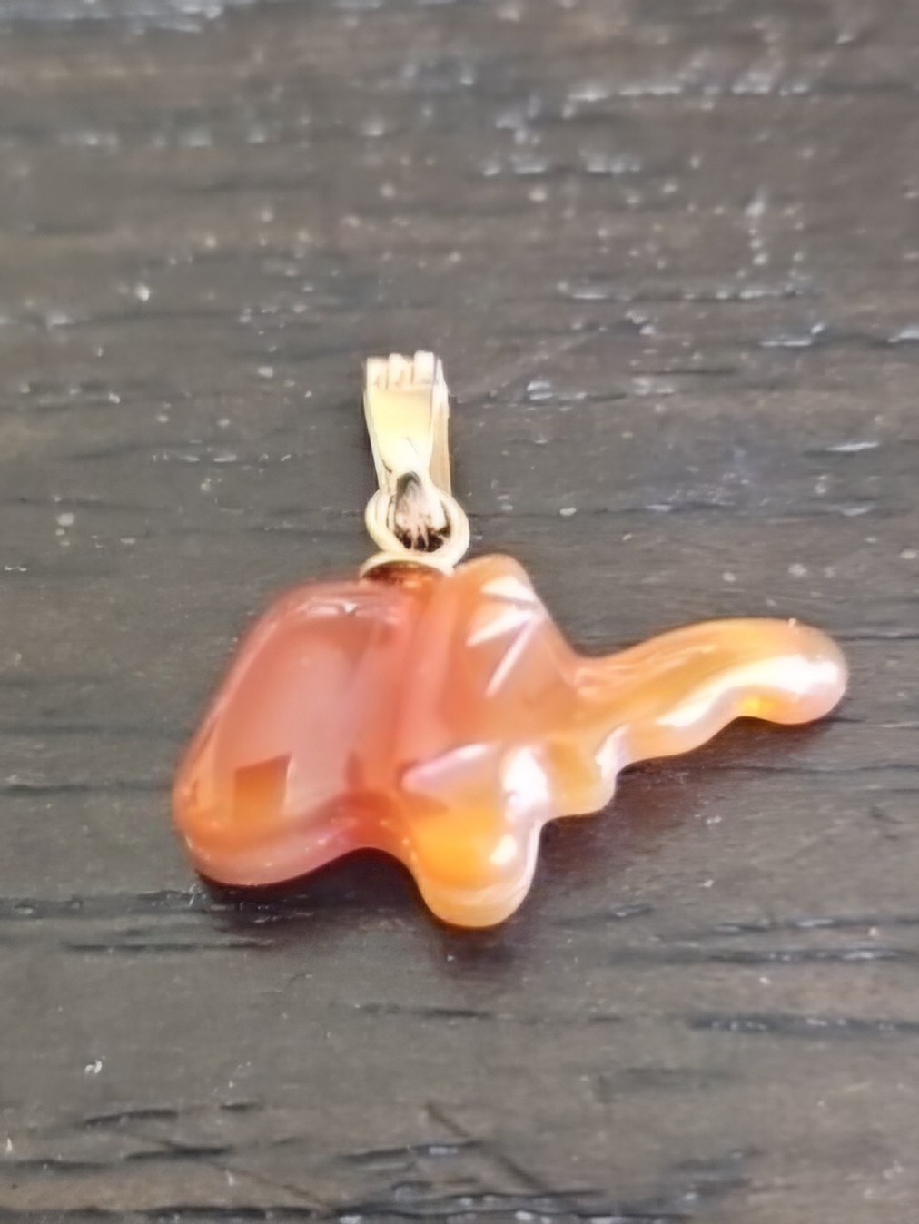 Vintage Carved Carnelian Agate Elephant Charm Pendant Lucky Trunk Up Gold Tone