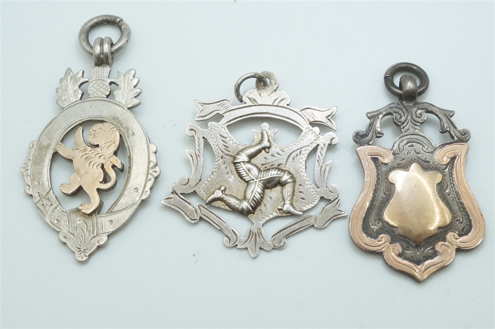 3 x ANTIQUE ENGLISH STERLING SILVER GOLD SHIELD FOB MEDALS / DOG TAGS