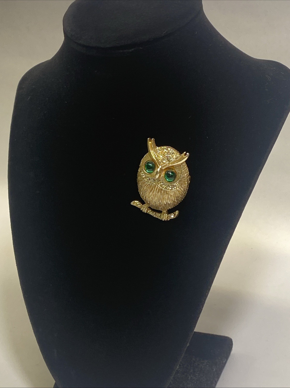 Vintage Gold-Tone Owl Brooch Pin with Green Glass Eyes Clear Rhinestone Accents