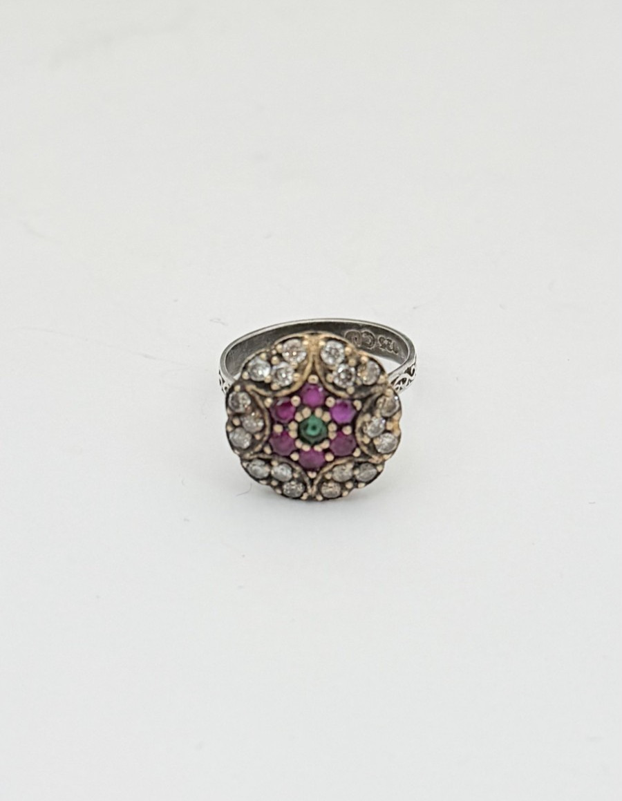 Estate Art Deco Style Ruby Red, Emerald Green, Diamond Cut Quartz Floral Ring