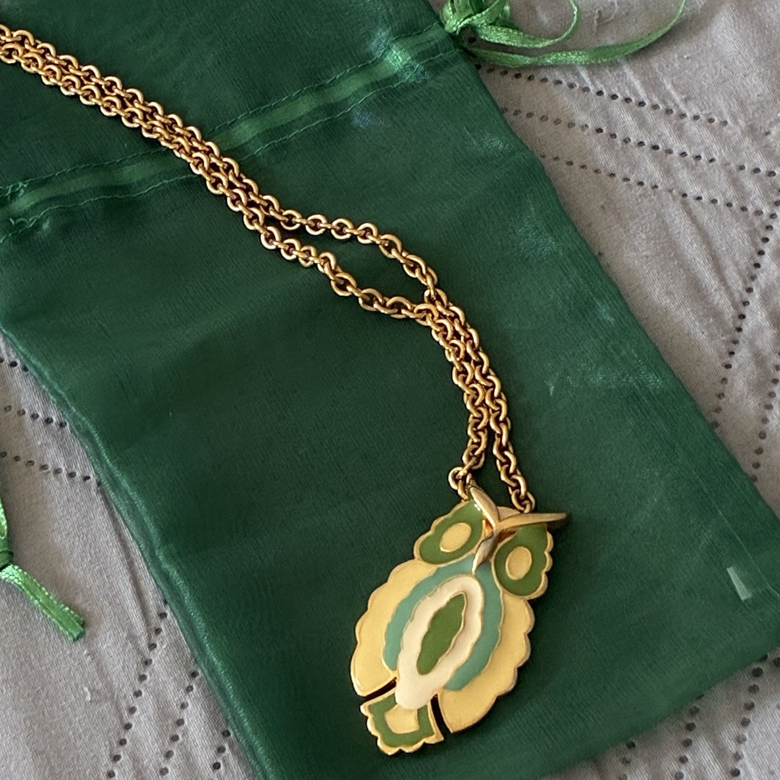 Vintage Owl Pendant Necklace “Eisenberg-style” Abstract Enamel Gold-tone 18”