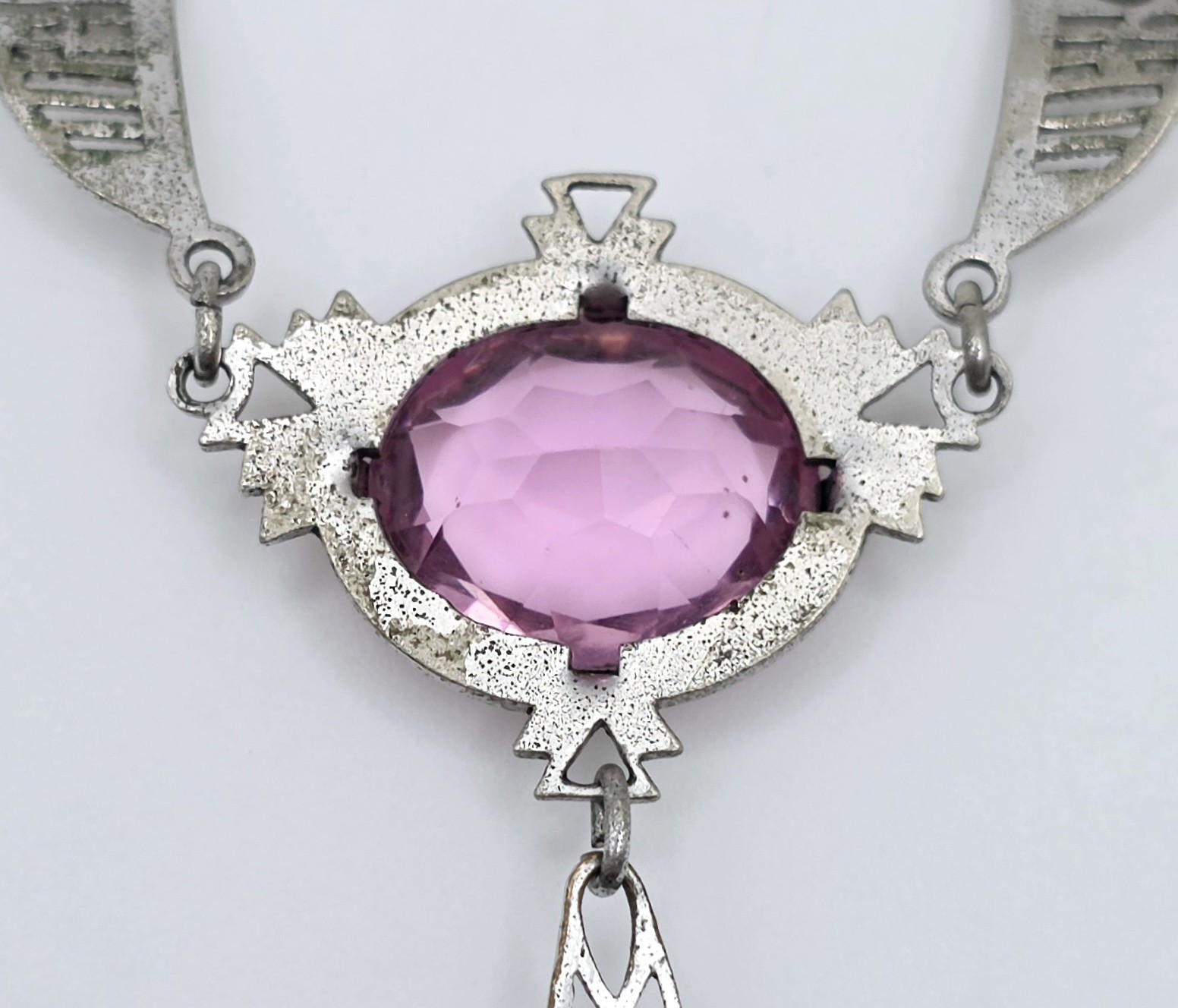 Antique Art Deco Lavalier Pendant Necklace Pink Glass Filigree Edwardian