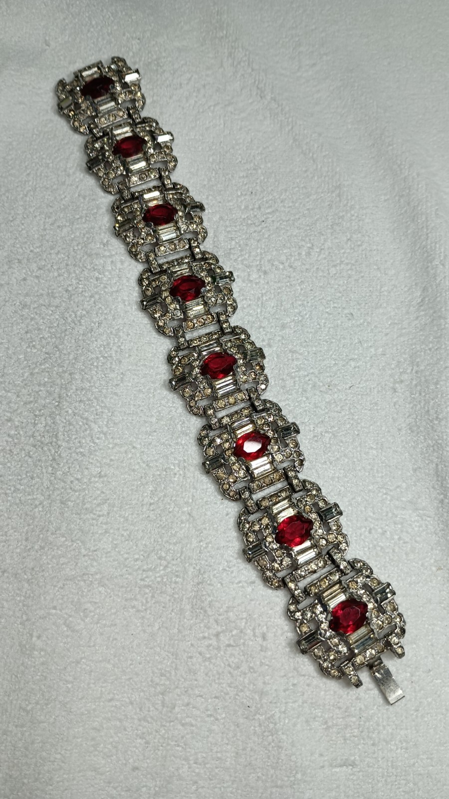 Art Deco Trifari Unsigned KTF Silver Tone Clear And Ruby Red Panel Bracelet 7 In