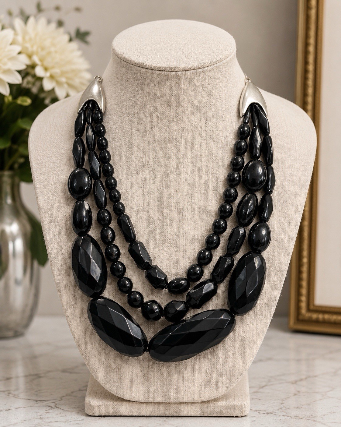 Vintage 1980s Black Multi Strand Statement Necklace Geometric Acrylic Bib Silver