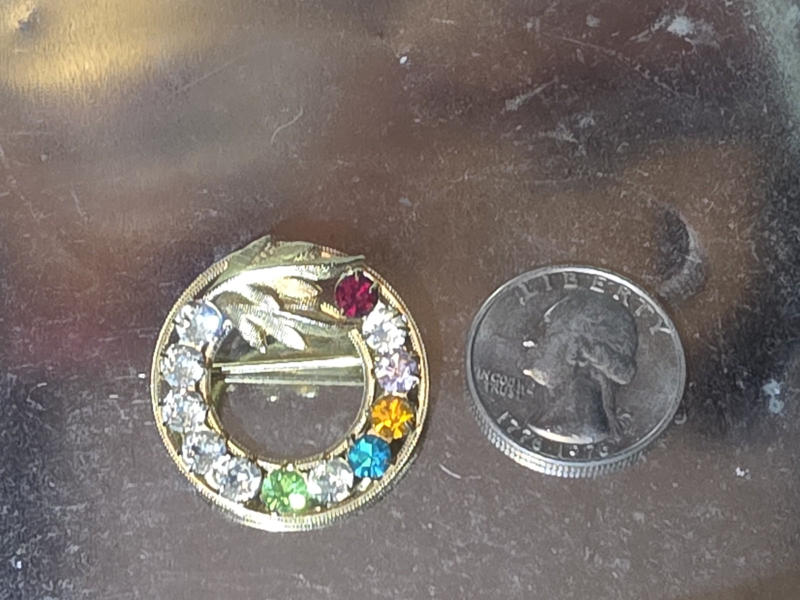 DCE Brooch 14K GF Gold Filled Multicolor Faceted Rhinestone 60’s Wreath 1.25”