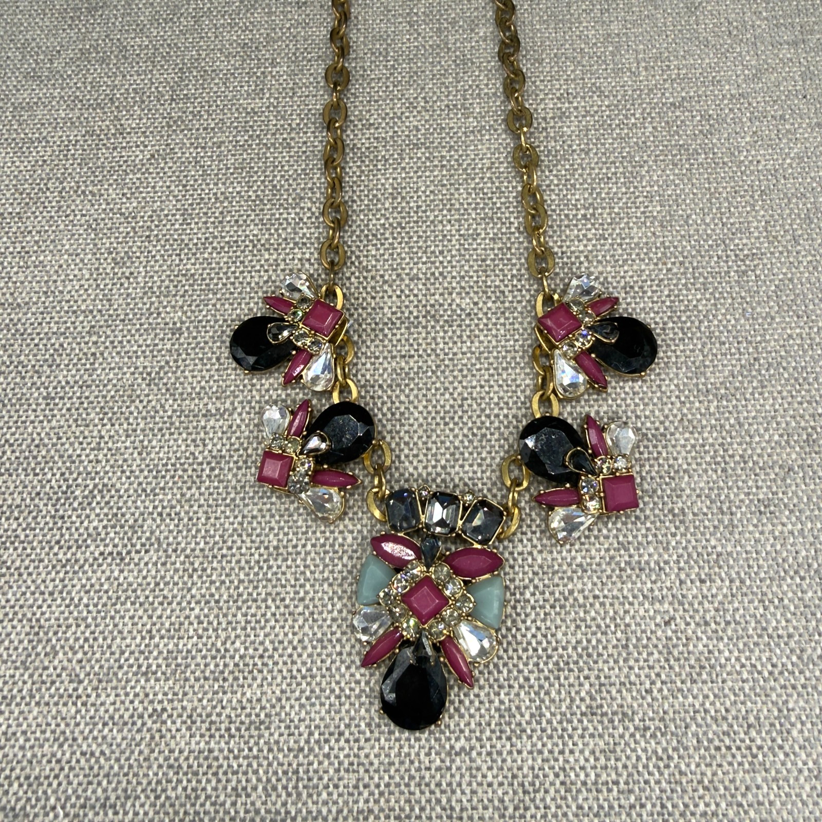 Vintage J Crew Necklace Jeweled Statement Burgundy Black Gold Tone 19 Inches