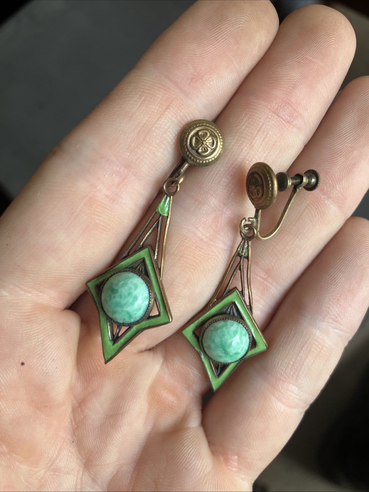 1920s Art Deco Dangle Earring Green Enamel And Stone Brass Clover Screw Back
