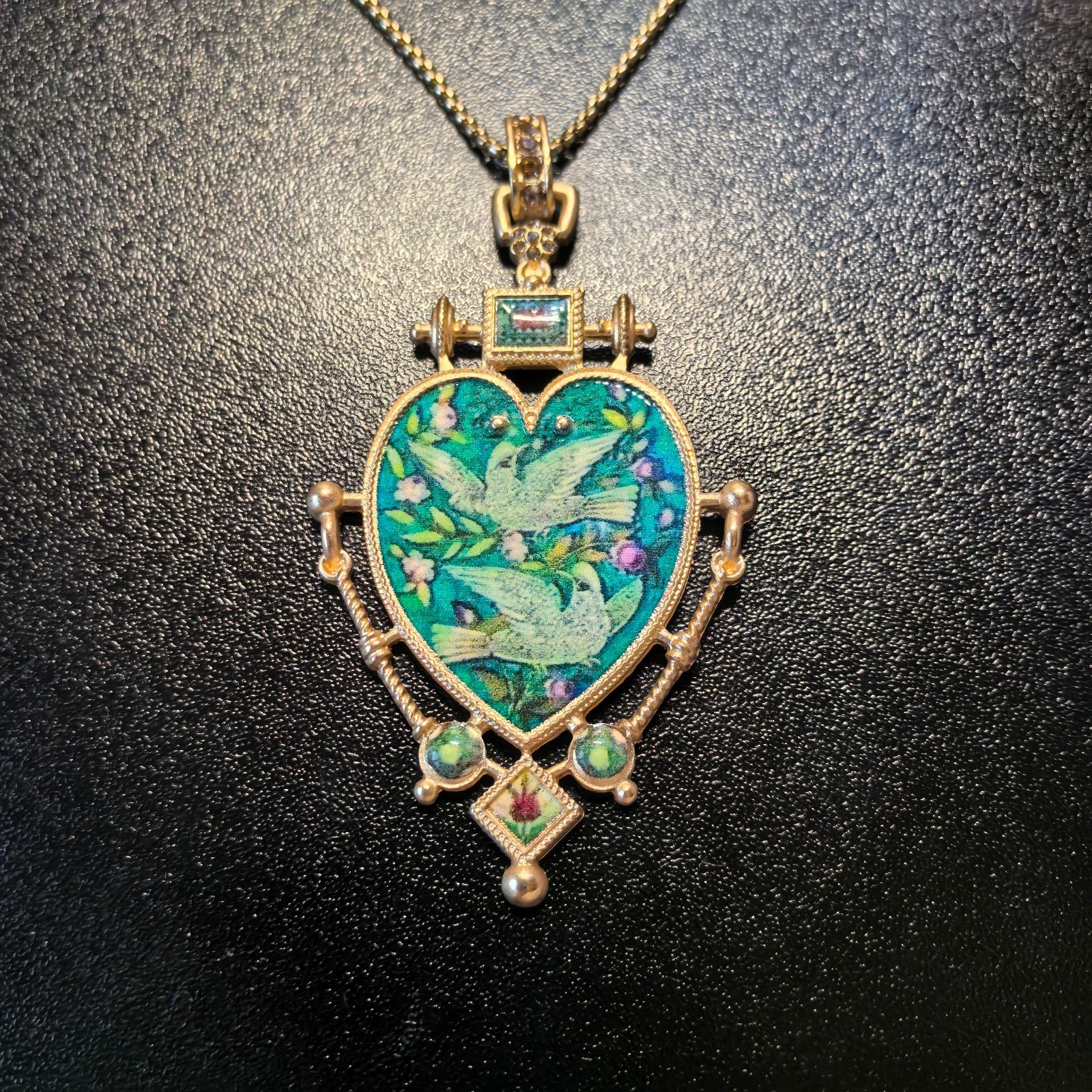 Vintage European Heart Enamel Necklace Unique Dove Inlay Retro Pendant Jewelry