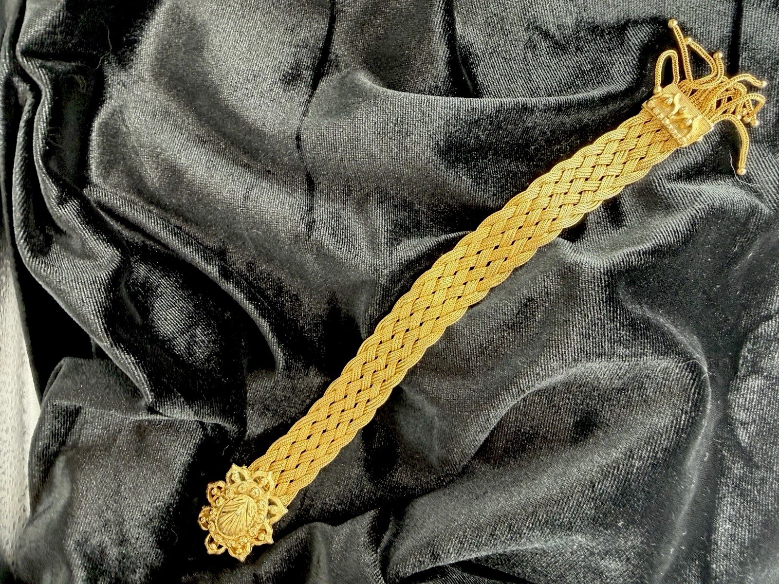 Victorian Antique Gold Filled Woven Mesh Slide Bracelet Tassel Fringe C.1900