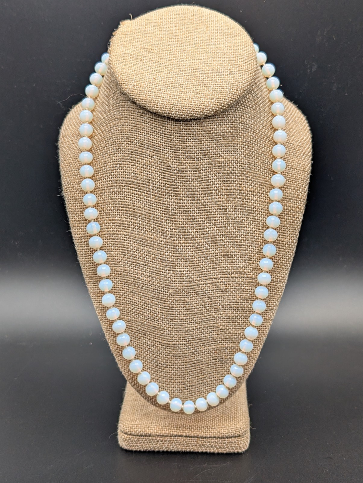 VINTAGE OPALITE OR OPALINE OPALESCENT GLASS BEAD NECKLACE HAND KNOTTED 23″