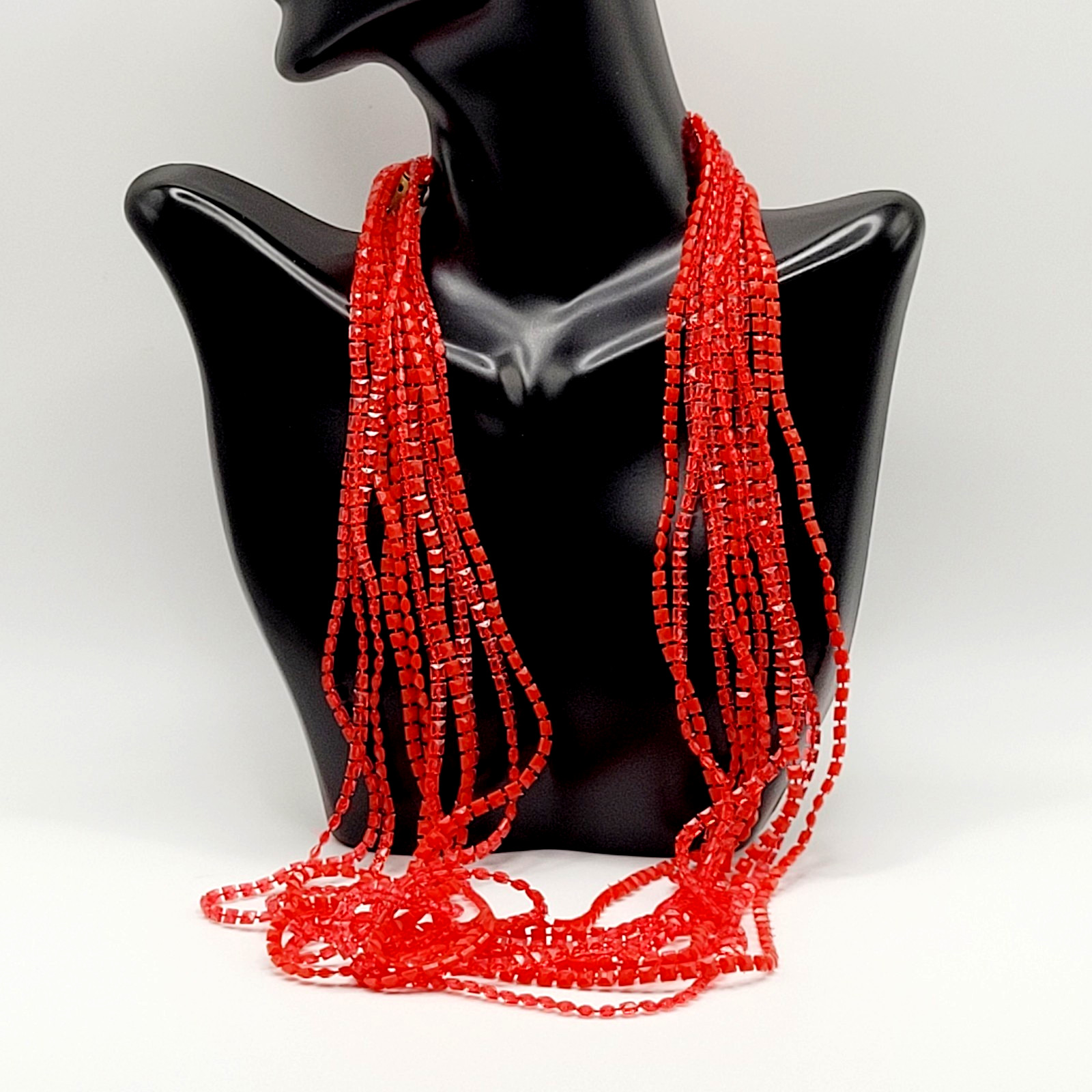 Vintage Red Multi Strand Plastic Square Beaded Solid & Clear Bead Necklace 48 In