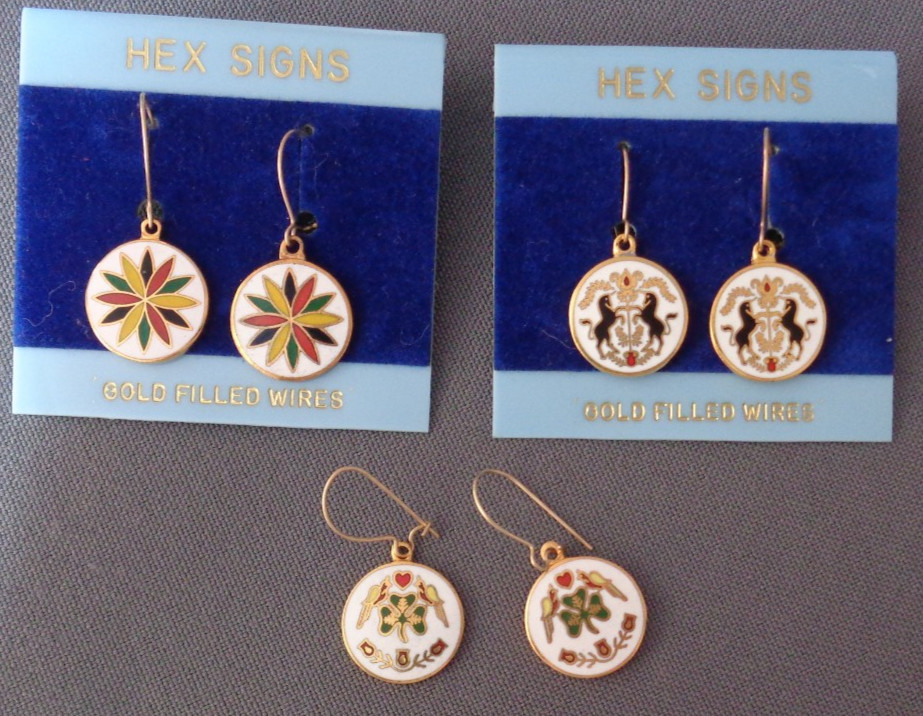 3 Pair Vintage Hex Signs Dangle Earrings 12 Point Star Unicorn Shamrock Hoffman
