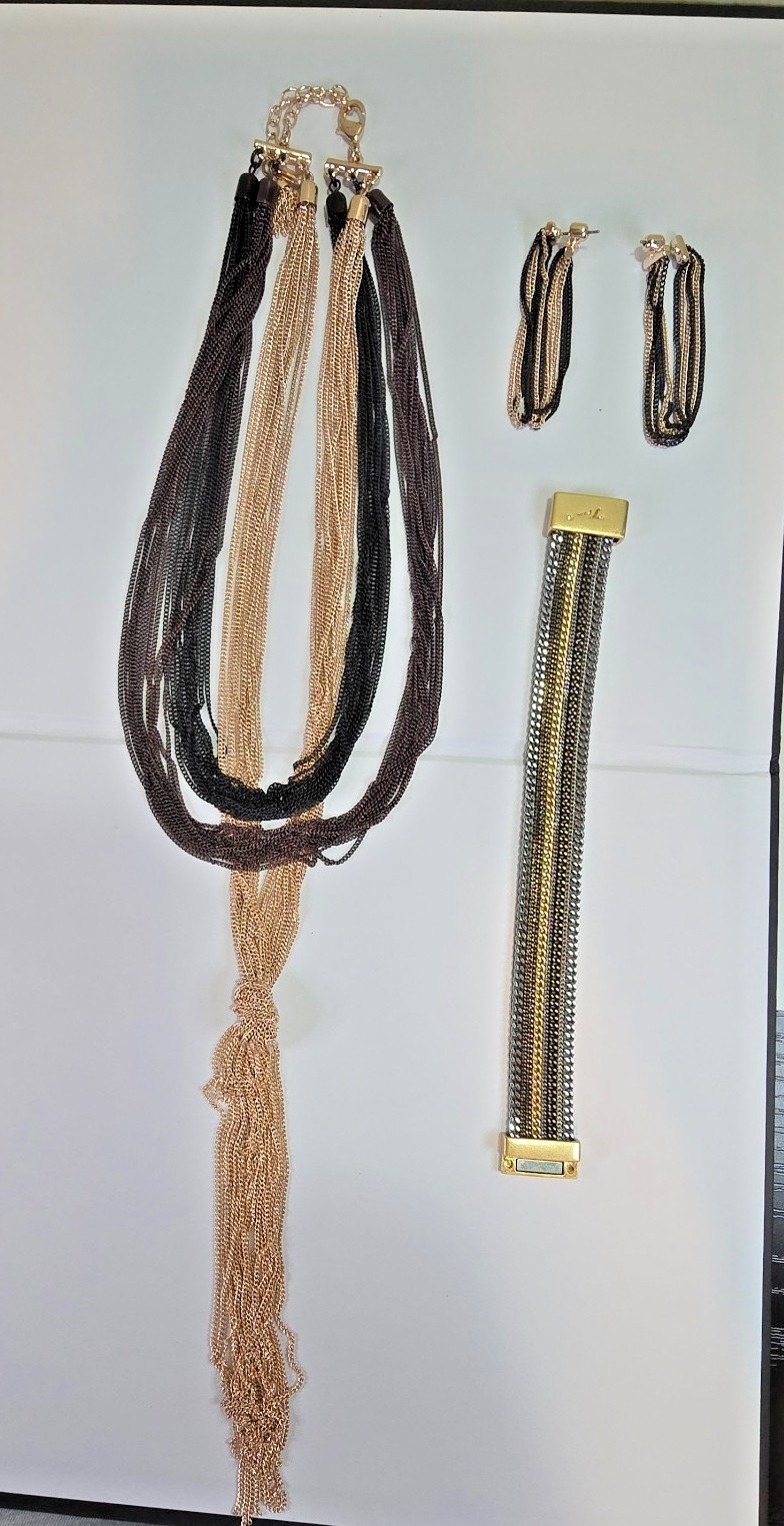Black Gold Tone Multi Strand Tassel Necklace Bracelet Hoop Earrings Jewelry Set