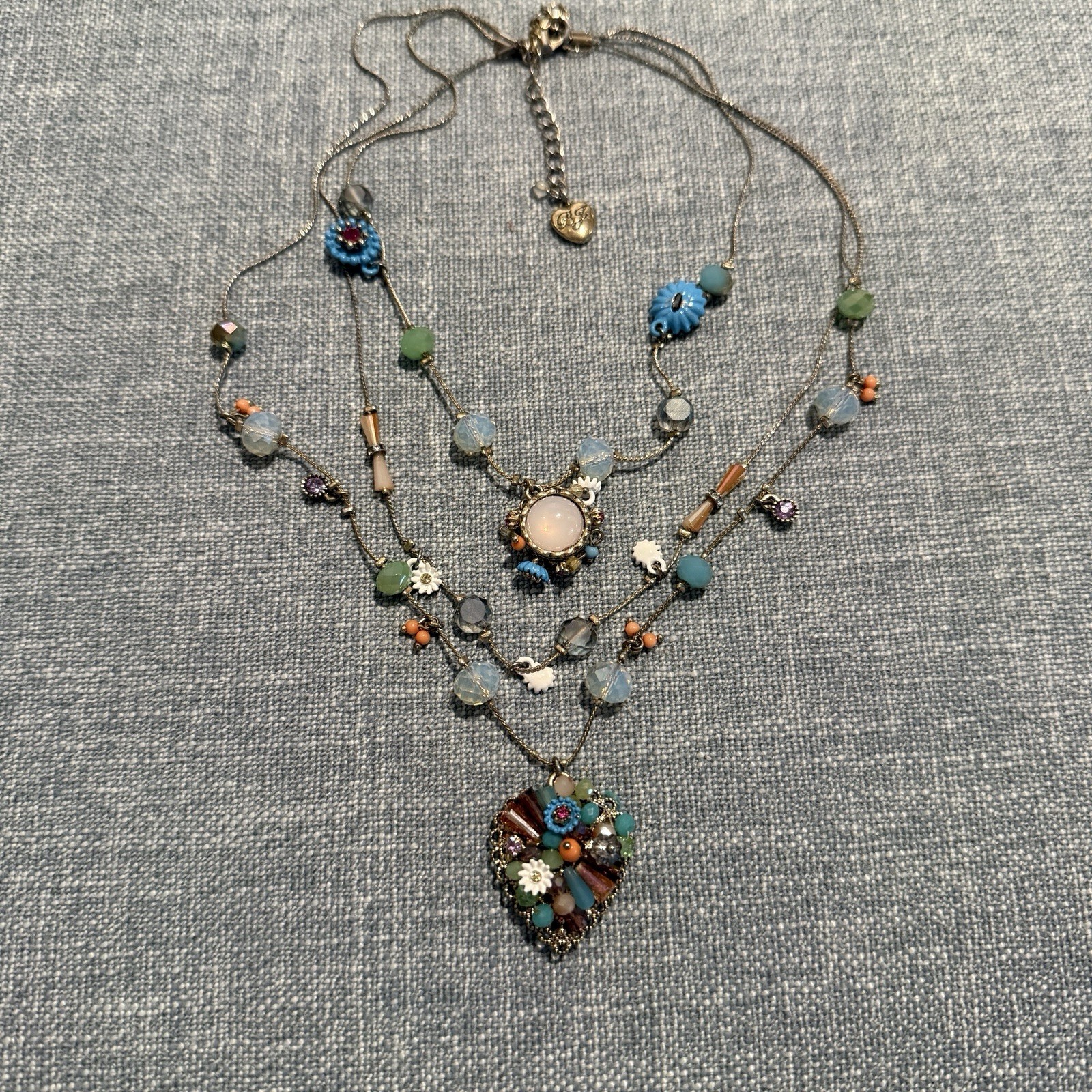 Betsey Johnson Triple Strand Necklace Beaded Multi Floral Heart Crystal Signed