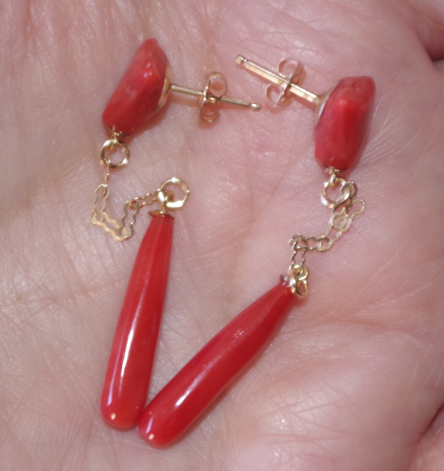 14K 52MM Ox Red Italian Triangular Stud Coral Teardrop Earrings Made to Order