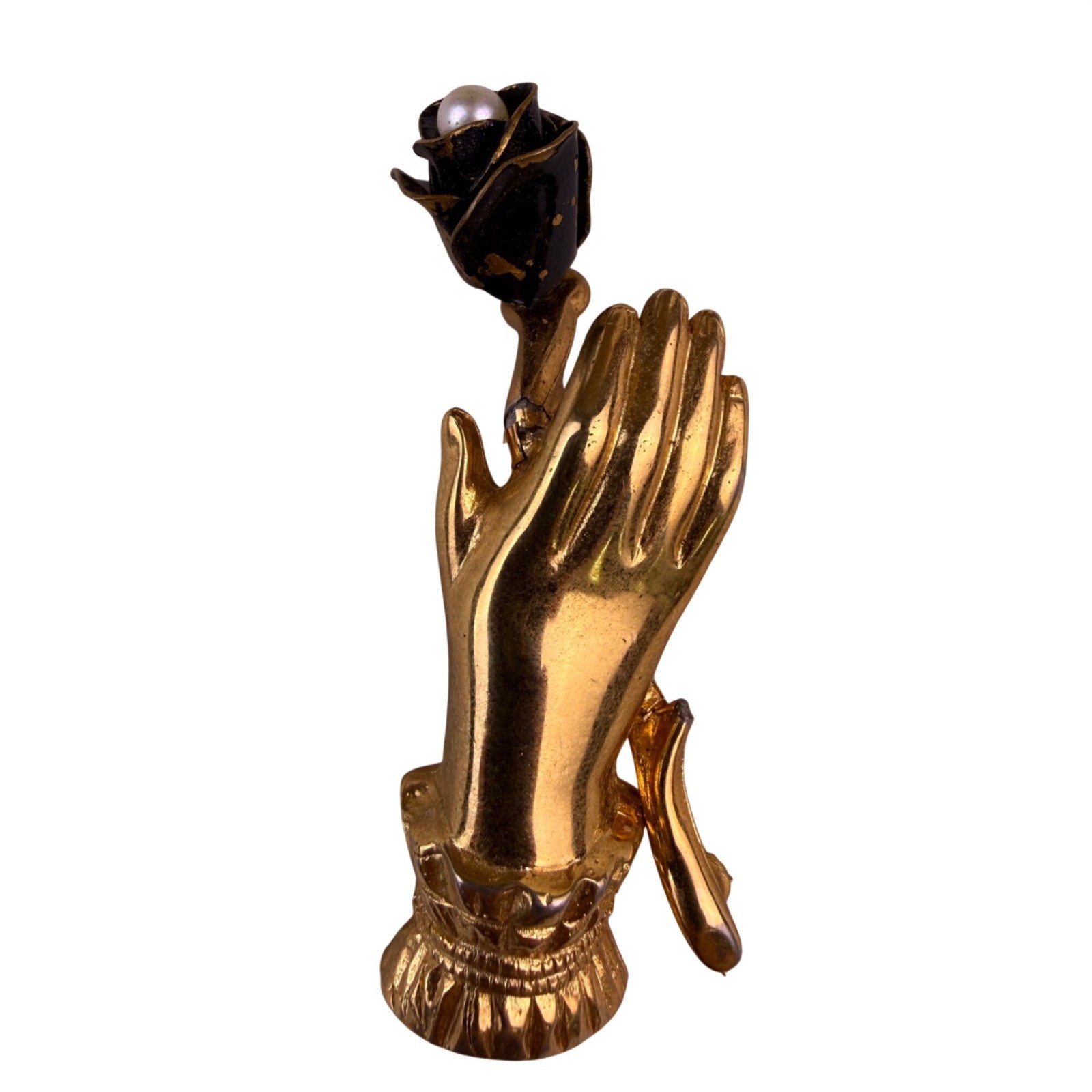 Vintage Unknown Gold Tone Metal & Enamel Hand Holding Rose Flower Brooch Pin