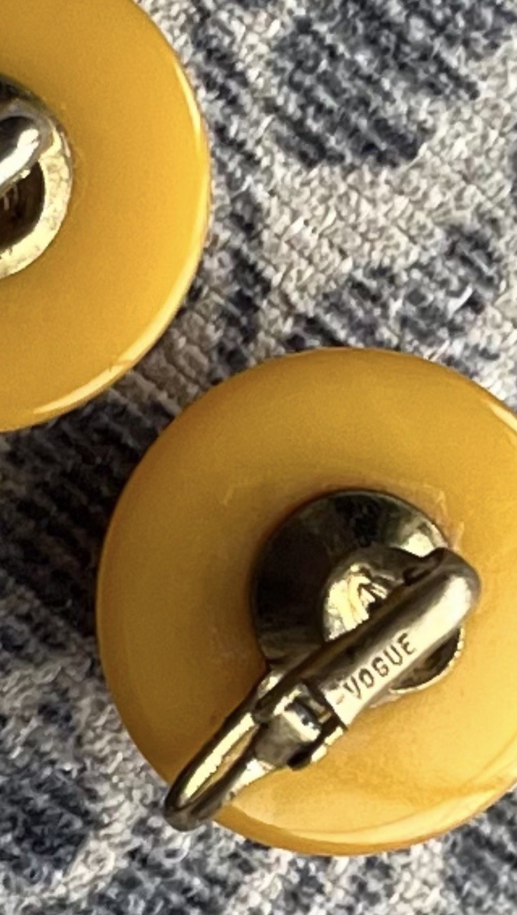 Vintage Signed Vogue Butterscotch Yellow Acetate Button Dome Clip On Earrings