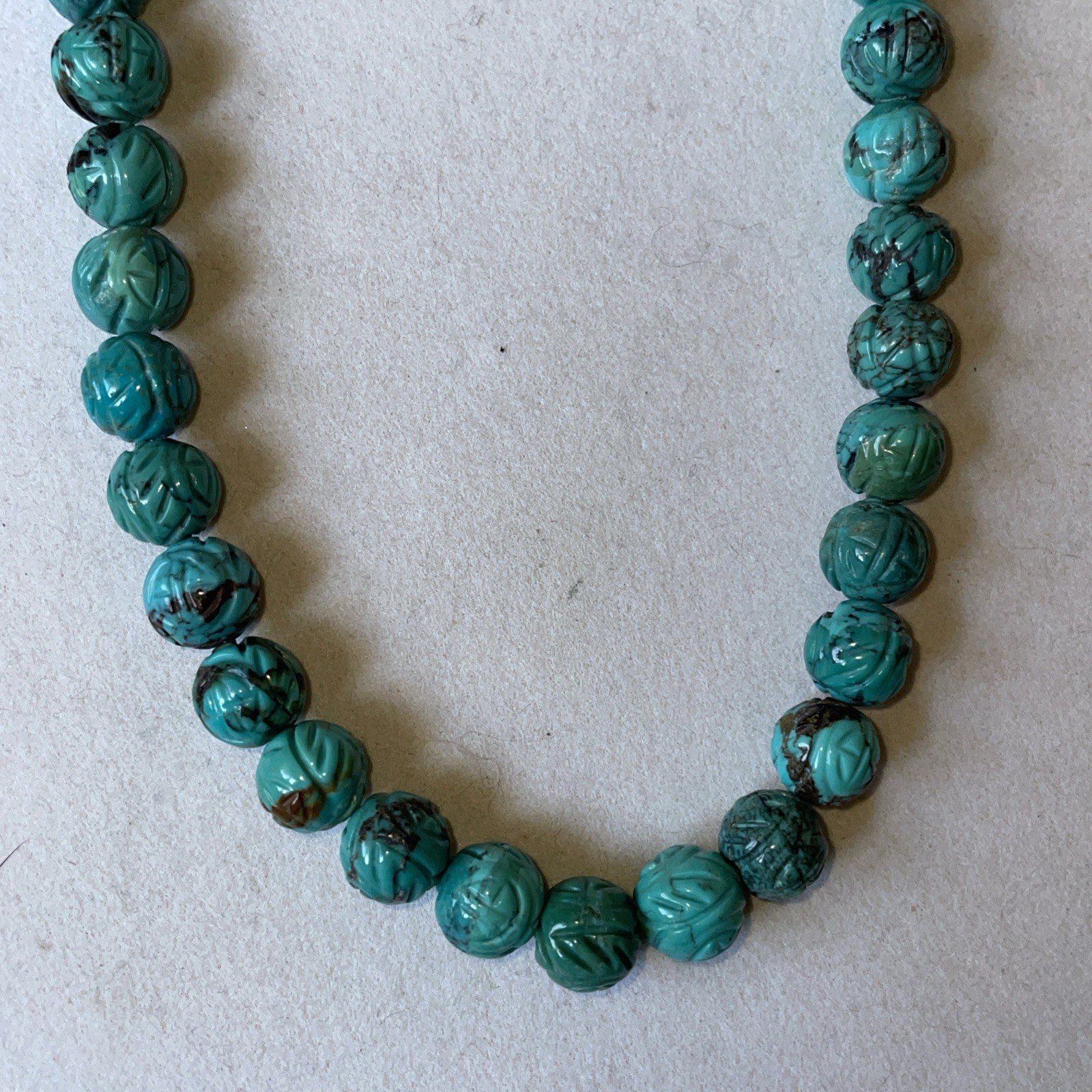 Vintage Chinese Turquoise Carved Shou Bead Necklace Sterling Silver 21” Long