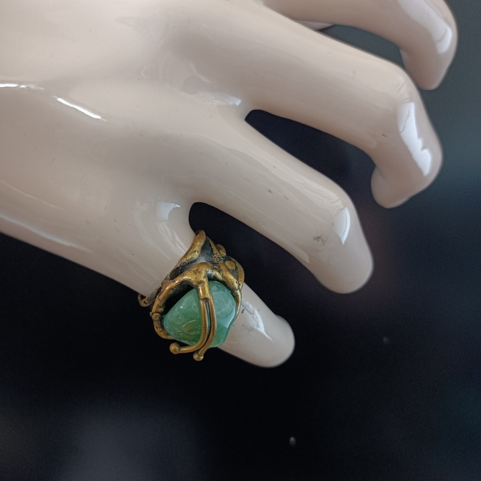 Brutalist Boho Ring Green Stone Organic Art Nouveau Revival Adjustable Statement