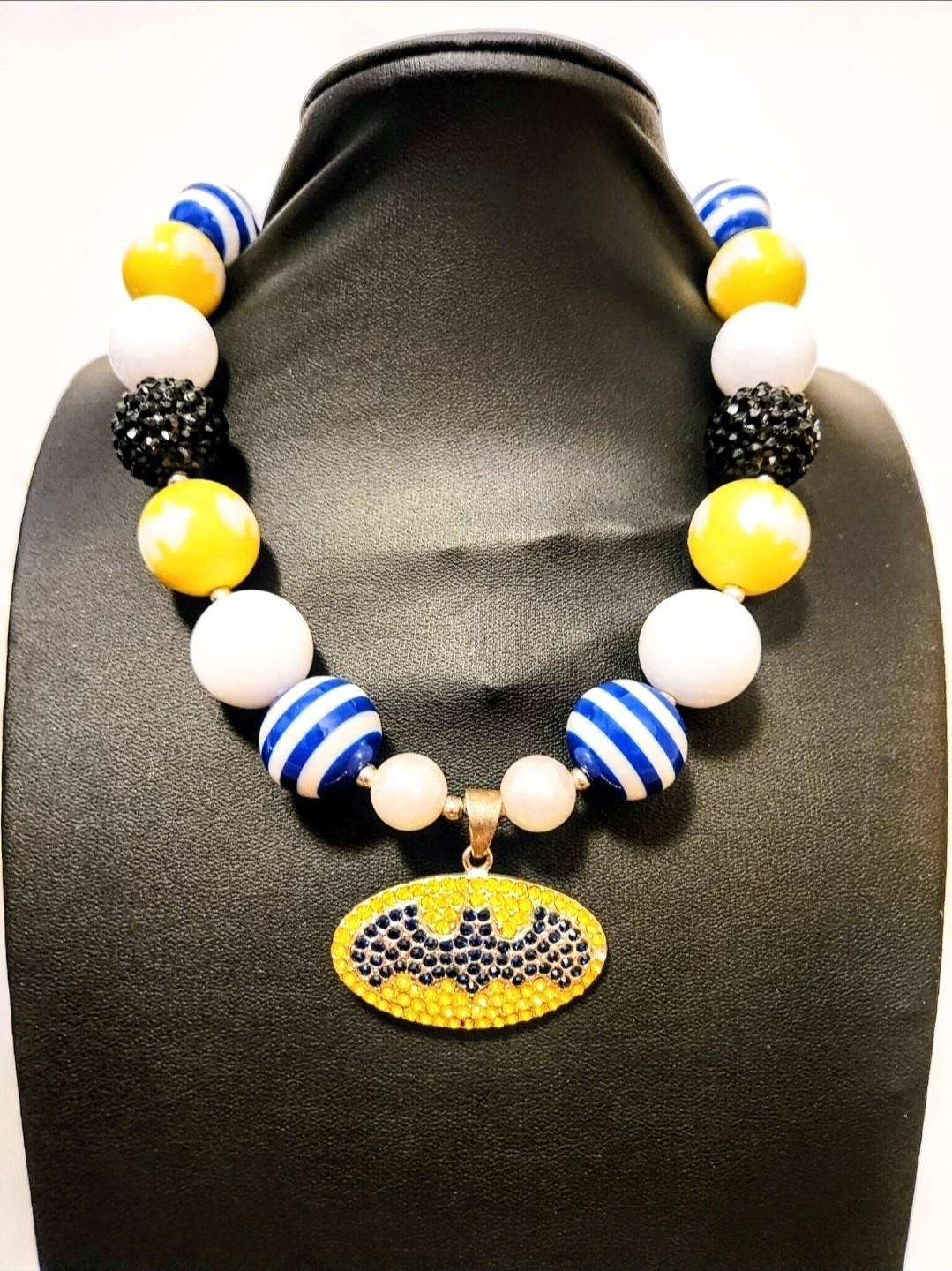 Vintage Authentic Batman Round Blue Yellow White Beaded Necklace With Pendant