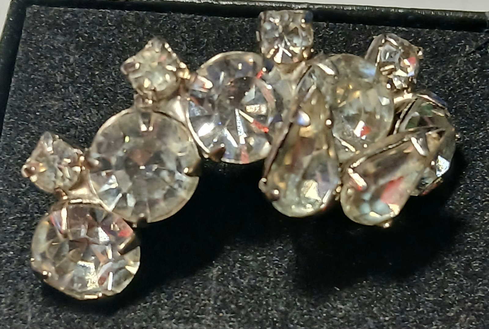 Vintage clear rhinestone crystal cluster half moon shaped brooch pin