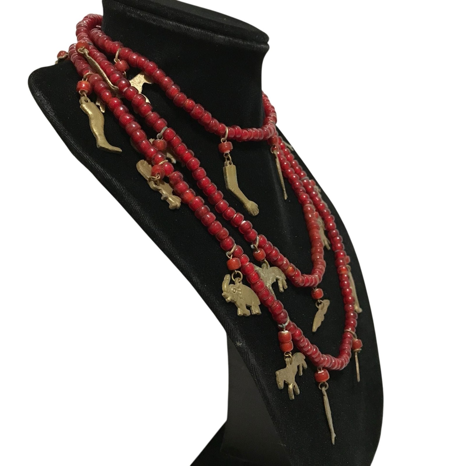 Vintage Chachal Red Glass Bead Necklace Brass Animal Charms 56” Strand India