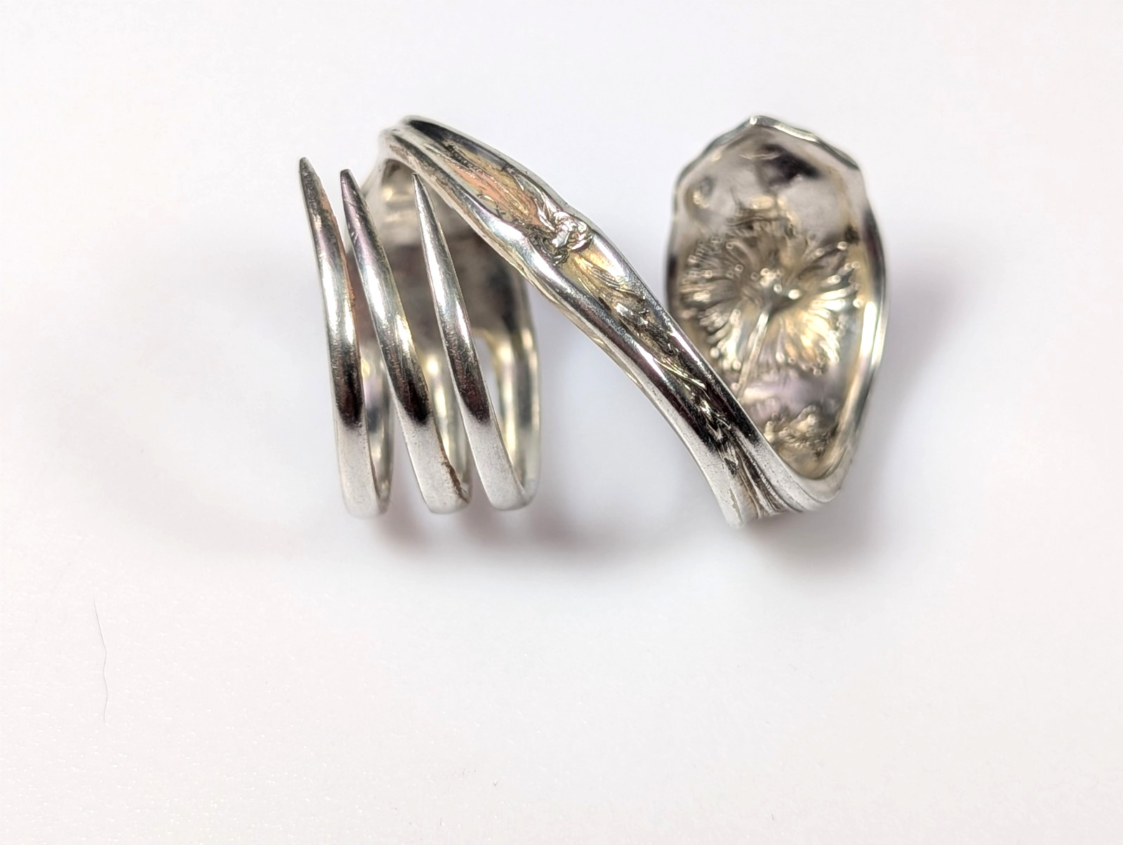 Vtg Silver-Plated William Rogers Oneida Fork Ring Floral Full Bypass Wrap Ring