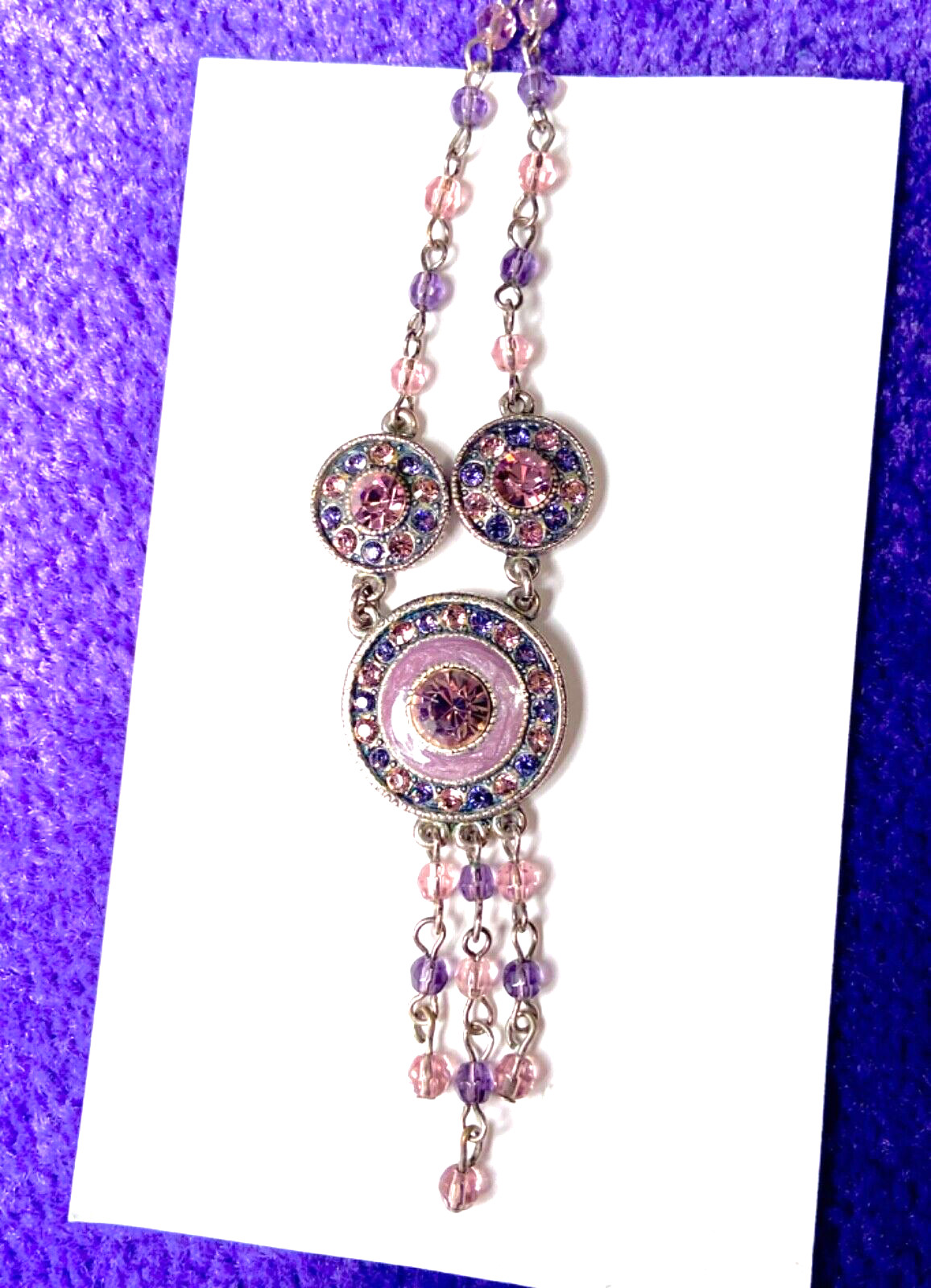 VINTAGE🇺🇸1928 FAIRY FANTASY PURPLE+PINK AUSTRIAN CRYST+ENAMEL NECKLACE VG+✨VTG