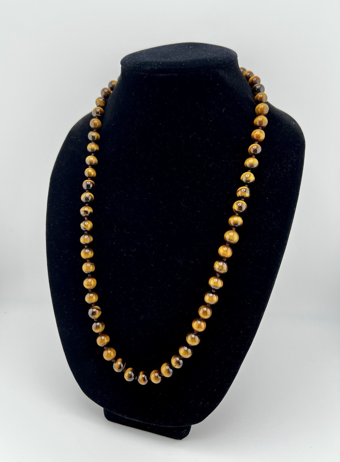 VTG Estate Tiger’s Eye Hand-Knotted Necklace Gemstone Beads Barrel Hook Clasp