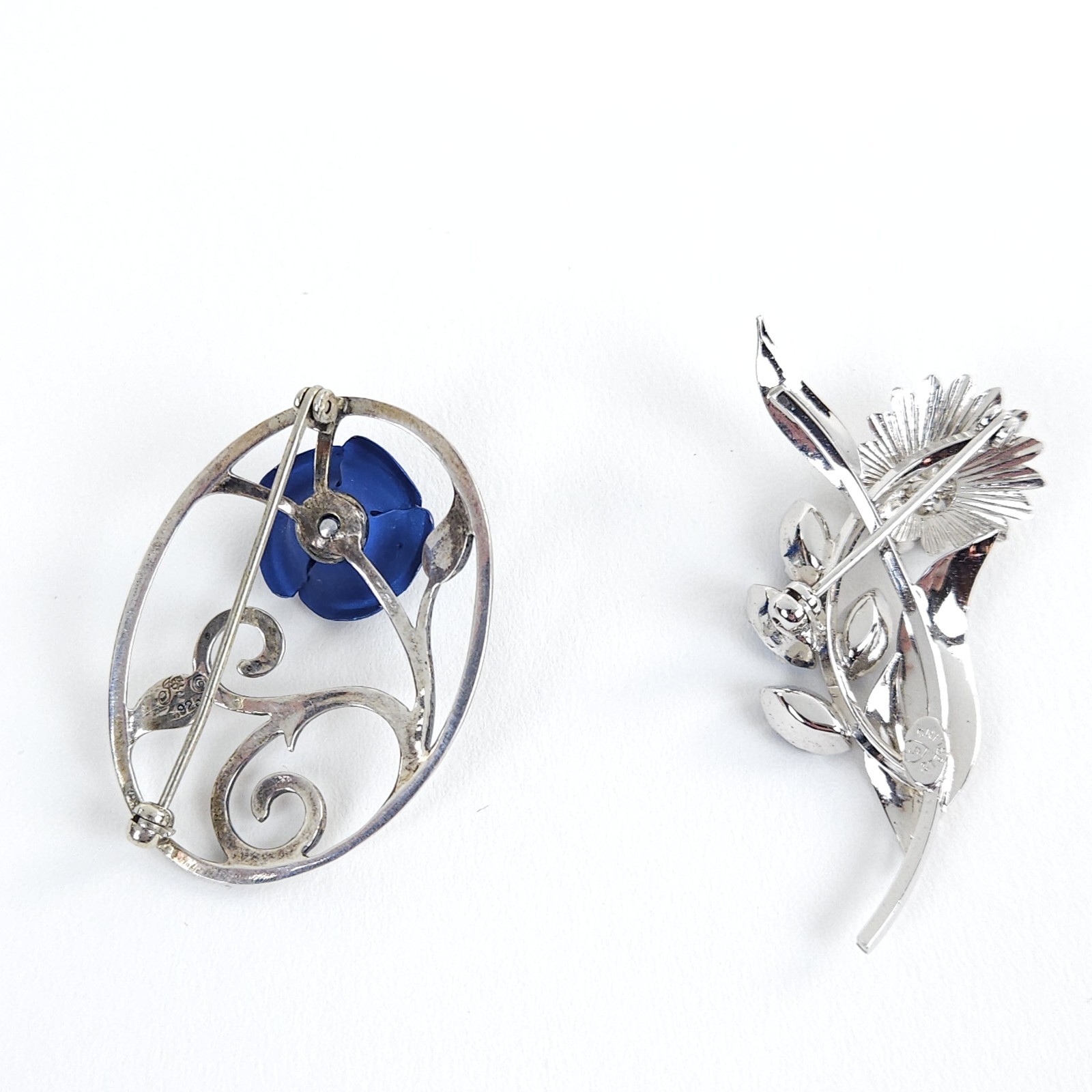 Vtg 2 Sterling Floral Brooches Sarah Coventry Rhinestones Jezamine BlueRose