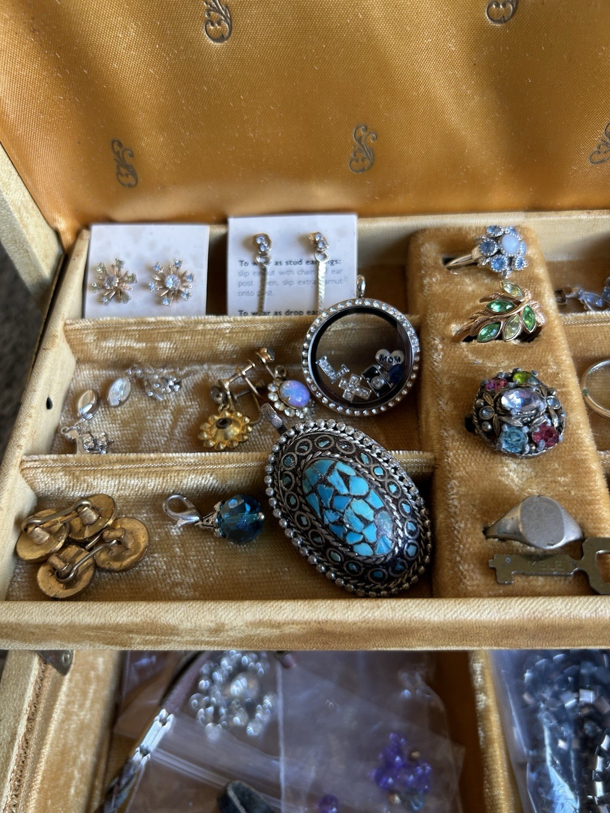 Vintage Estate Jewelry Lot & Box- Rings, Earrings, Pendants- Nice