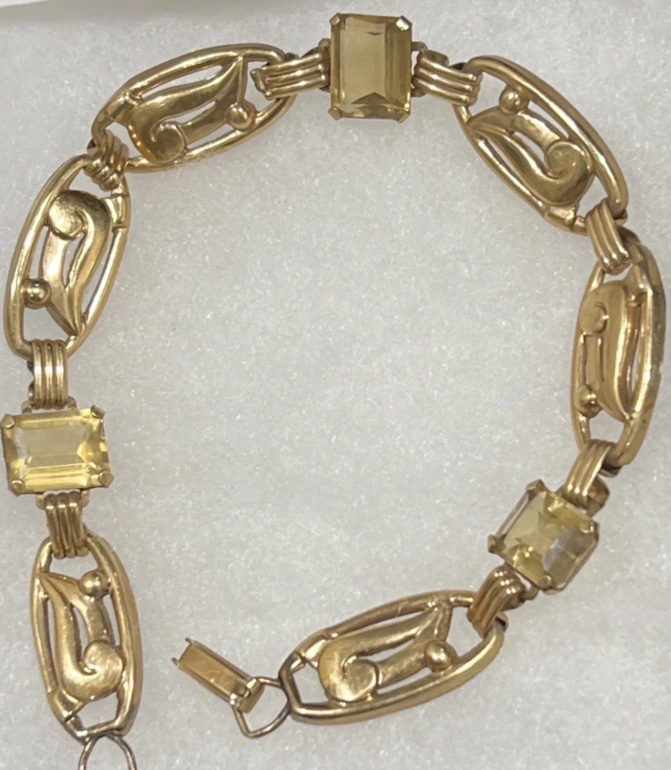 Vintage 1/20th 12K Gold Filled Link Bracelet w Yellow Stones—8.25” Long