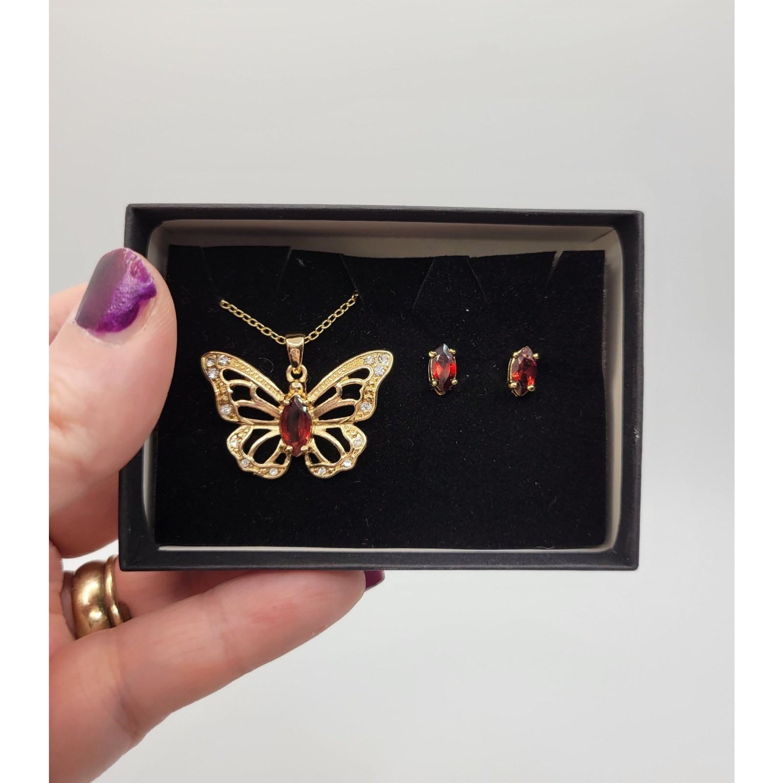 Garnet Butterfly Pendant Necklace Stud Earrings Set Goldtone Crystal Rhinestones