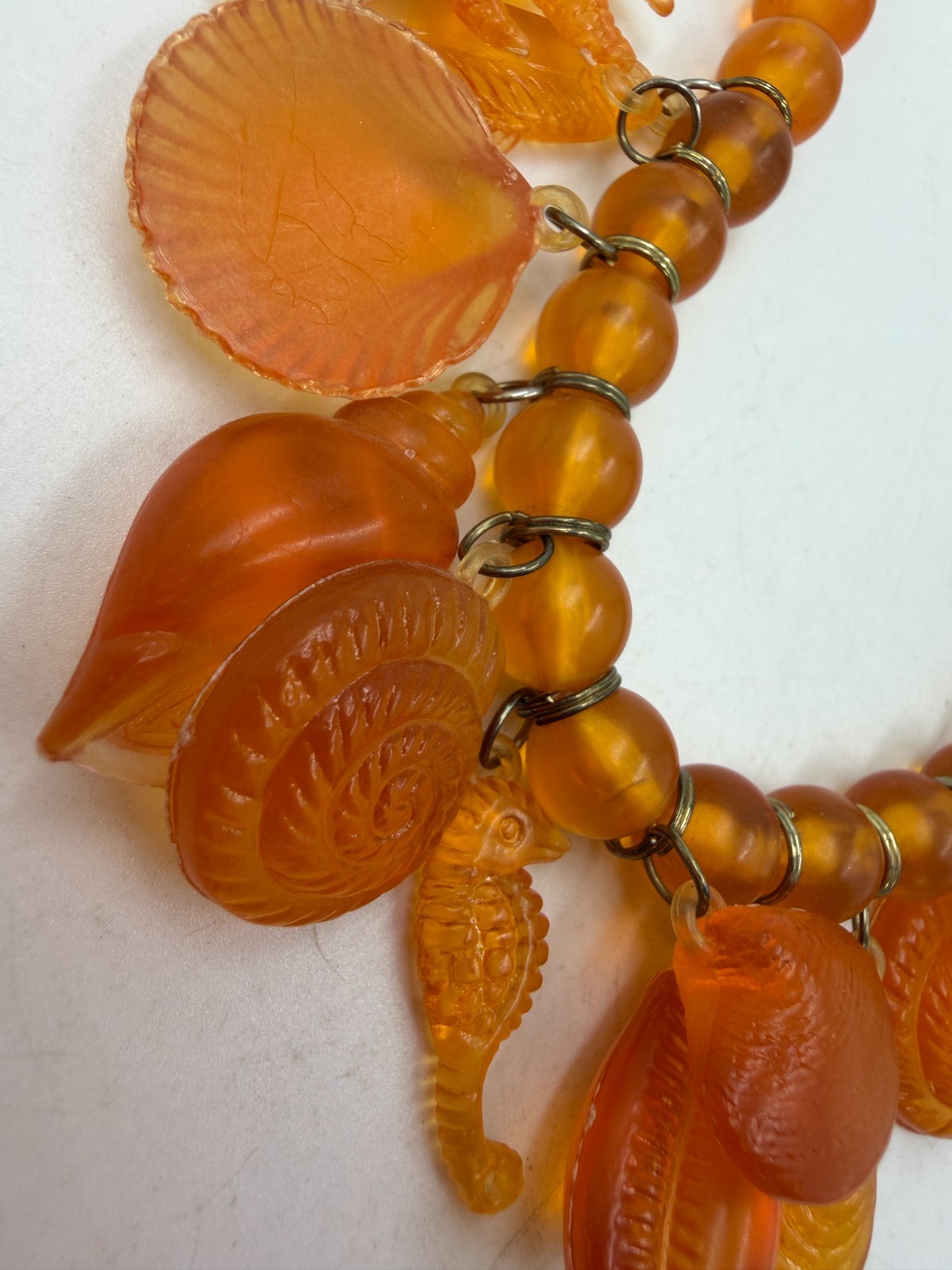 Vintage Necklace Plastic Orange Fish Seashell Beach Nautical 24 inches