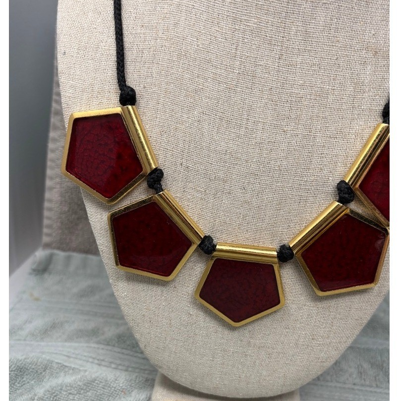 Vintage Yves Saint Laurent YSL Red Gold Pentagonal Statement Cord Necklace