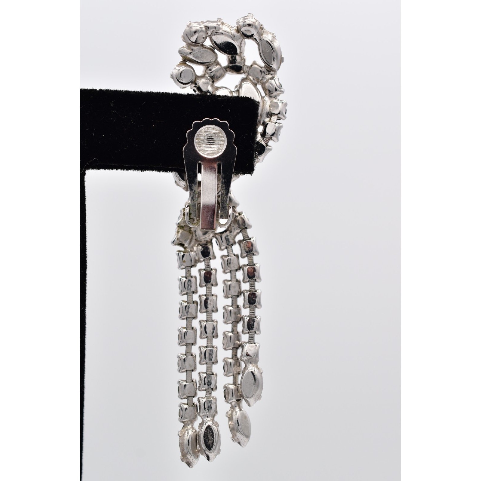 Vintage Crystal Climber Fringe Clip On Earrings Rhinestone Dangle Tassel BinAZ