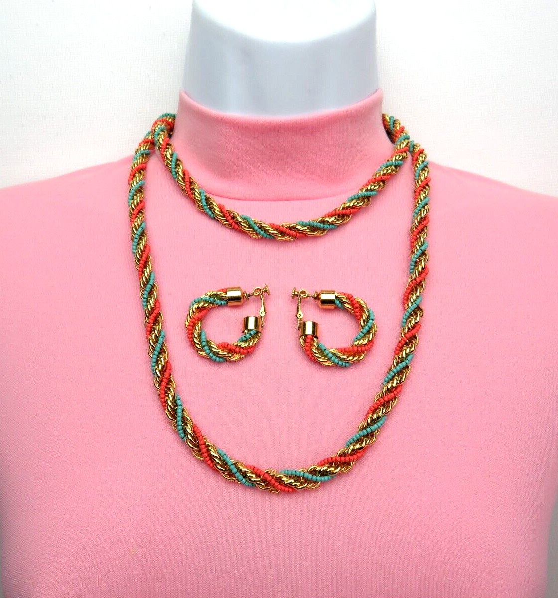 VTG 1950s 60s DOUBLE STRAND EGYPTIAN REVIVAL RUNWAY NECKLACE & EARRINGS GOLDEN
