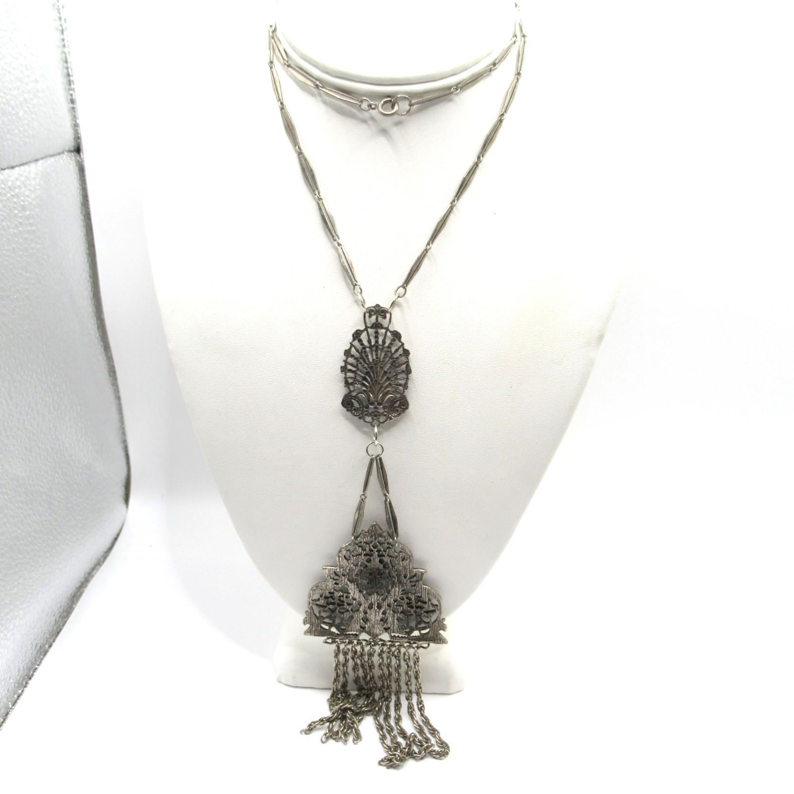 Dark Silver Tone Very Long Abstract Pendant Necklace Old w Fringe