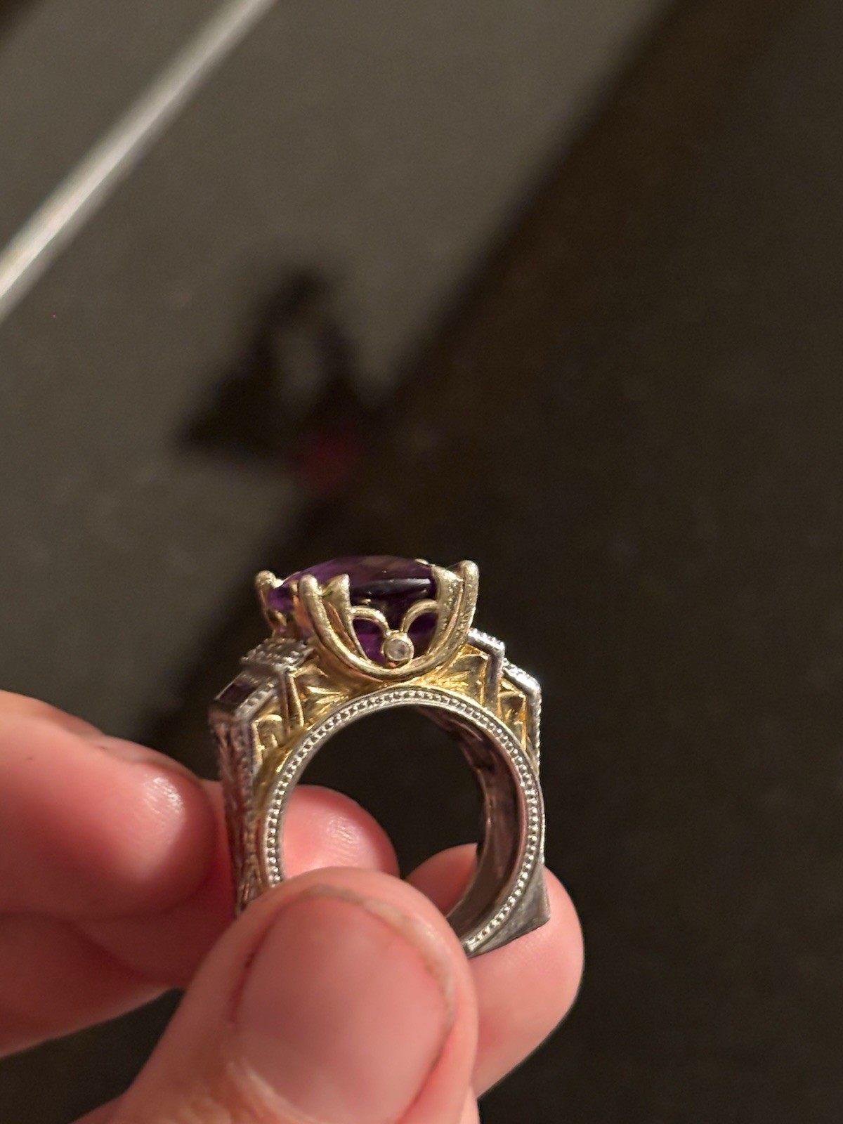 Vintage Chunky Square Two-tone 925 Sterling Silver Amethyst Cocktail Ring sz 6.5