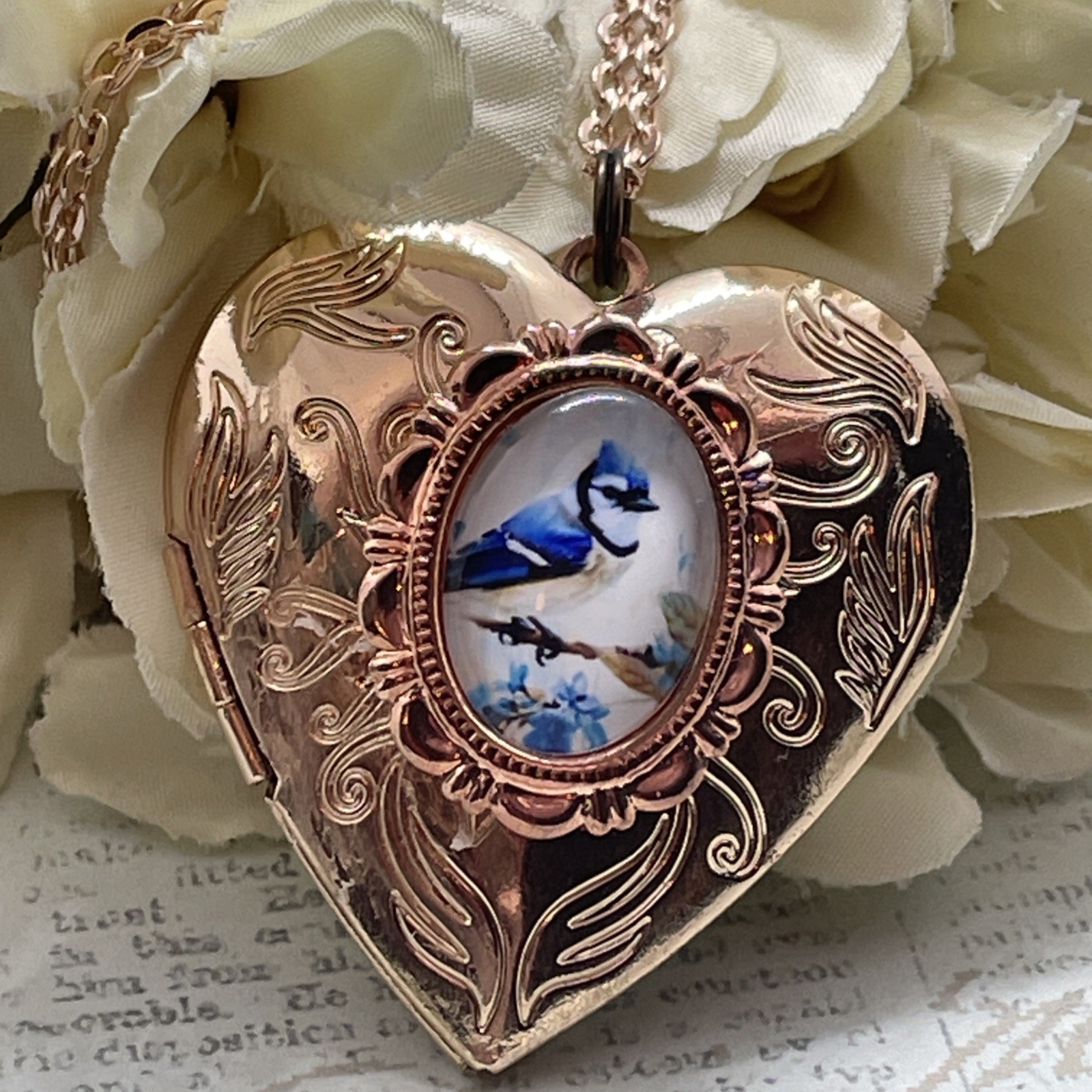 Blue Jay Bird VALENTINE Rose Gold Heart Locket Anniversary Bridal Gift Wedding