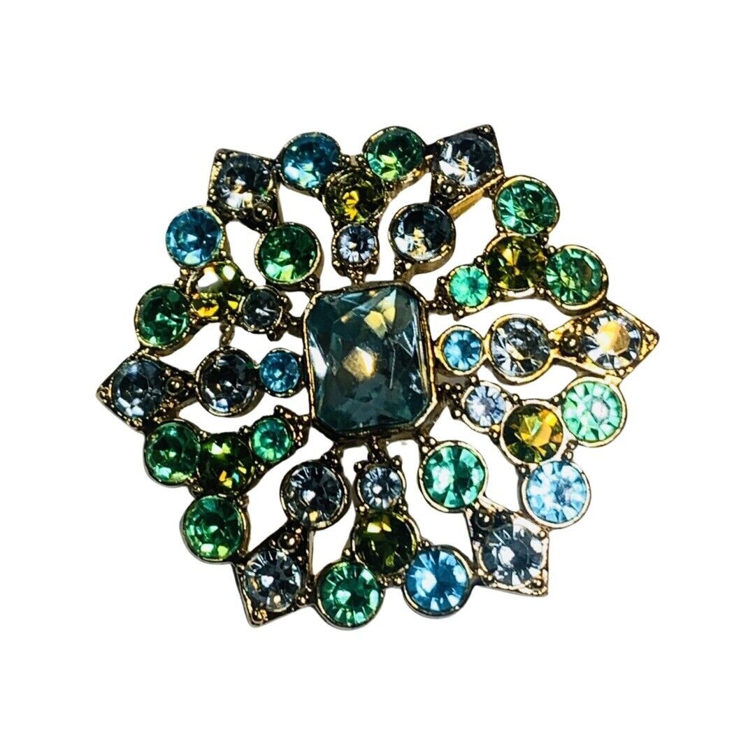 Liz Claiborne Green Rhinestone Brooch Pin 2” Gold Tone Flower