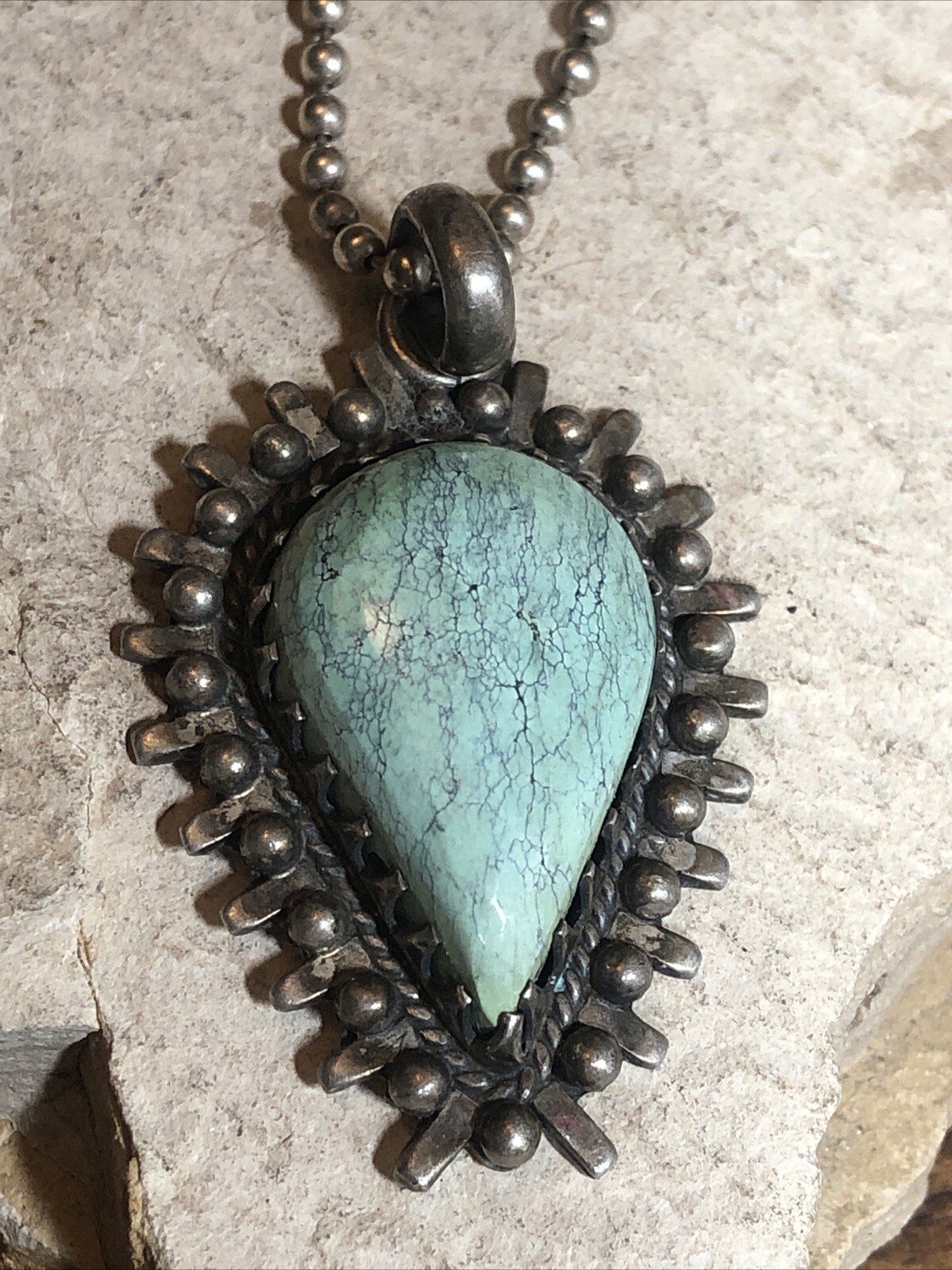 18. Sterling 925 Greenish Turquoise stone Ball link Chain Pendant Necklace 16″