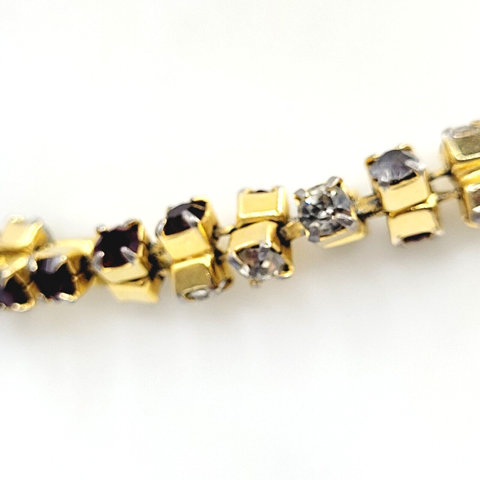 Unique Slightly Brutalist Style Gold Plated Bracelet Red White Rhinestone 7.5 In