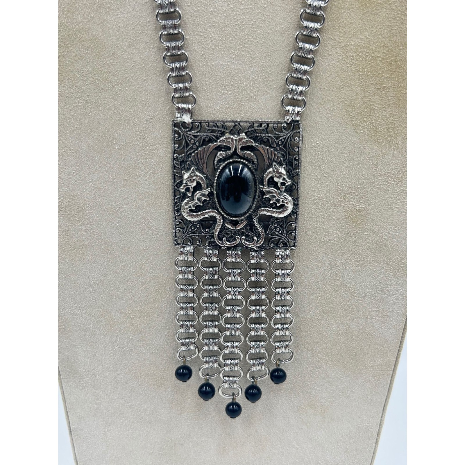 Signed EDLEE Vintage Necklace Silver Tone Dragons Ornate Bookchain Beads Dangles