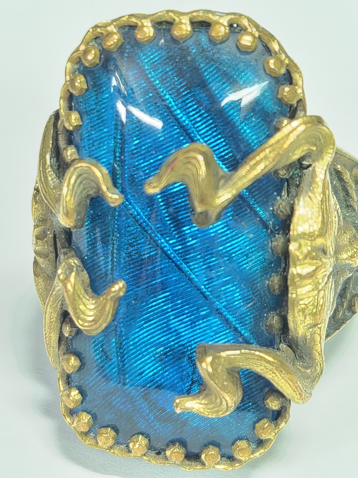Antique Art Deco Blue Morpho Butterfly Wing Green Man? Pan? Czech? Ring Devil