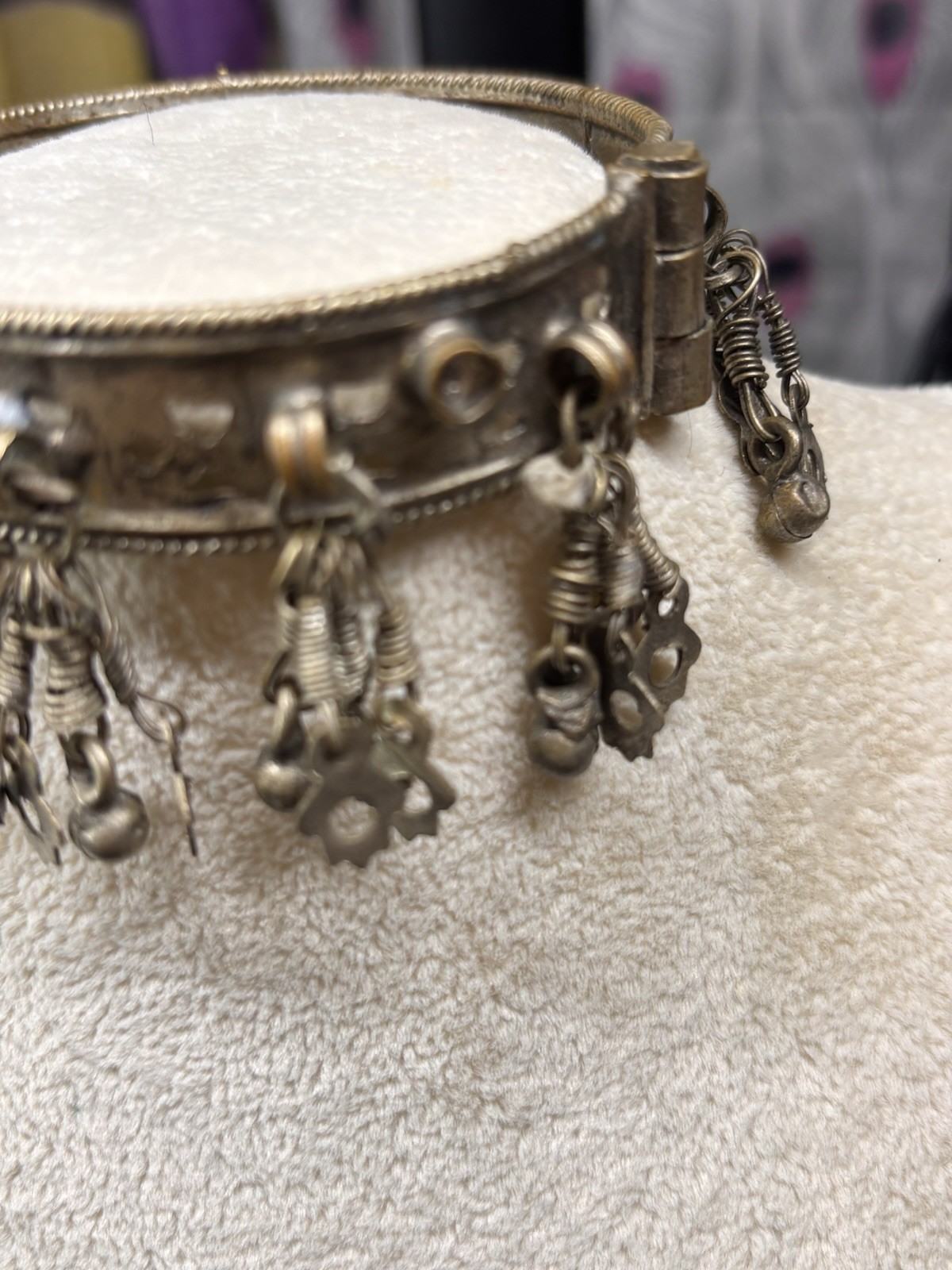 Vintage Metal Bangle Bracelet Belly Dancing Jewelry Cutouts Jingle Hinged 7.5”